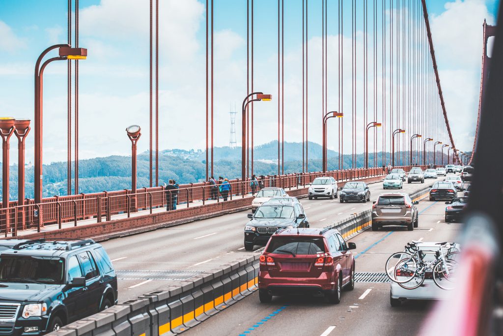 Cars driving across the Golden Gate Bridge in San Francisco Bay Area